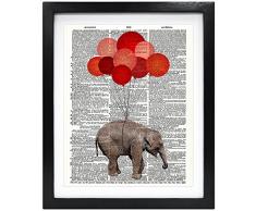 Susie Arts 8 x 10 Baby Elefant mit Rot gerahmt Luftballons aus recycelten Vintage Wörterbuch Kunstdruck Buch Art Print Home Decor Funny Prints Kinder Wand Kunst-V051
