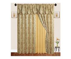 Sapphire Home EM439 Vorhang-Set, traditionelles Jacquard-Vorhang-Set (2 Paneel), 213,4 x 160 cm, mit angenähtem Volant, durchscheinender Rückseite, 2 Quasten, Damast-Blumenmuster, für Wohnzimmer und Esszimmer, 63 Length gold