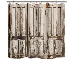 Riyidecor Rustikale Holztür-Duschvorhang-Set, Weiß/Braun, Holz, Vintage, Shabby-Chic-Stil, Landhaus-Stil, Landhaus-Stil, Badezimmer, Heimdekoration, Stoff, Polyester, wasserdicht, 183 x 183 cm, 12 Stück