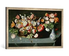 Gerahmtes Bild von Osias Beert der Ältere Stilleben mit Blumen und Schmetterlingen, Kunstdruck im hochwertigen handgefertigten Bilder-Rahmen, 100x50 cm, Silber Raya