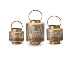 K&K Interiors 15525A Windlicht mit Glaswinden, Metallgeflecht, goldfarben, 3 Stück