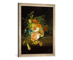 Gerahmtes Bild von Rachel Ruysch Blumenstilleben mit Schmetterlingen auf Einer Steinbank, Kunstdruck im hochwertigen handgefertigten Bilder-Rahmen, 50x70 cm, Silber Raya