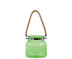 Urban Trends Glas rund Laterne mit Gerippter Körper Halsband Hals und Metall und Seil-Griff, klein, Glas grün