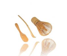 BambooMN - Chasen (Teebesen) + Chashaku (Hooked Bamboo Scoop) zur Zubereitung von Matcha + Teelöffel - Golden oder Black Bamboo Chasen Goldener Tee Schneebesen + Chasaku + Tiefer Schaufel