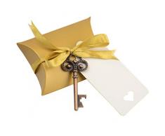 aokbean 50 Hochzeit Favor Souvenir Geschenk Set Kissen Candy Box Vintage Skelett Schlüssel-Flaschenöffner Escort Geschenkkarte Thank Sie French Tag Band kupfer