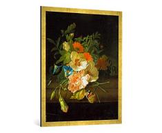 Gerahmtes Bild von Rachel Ruysch Blumenstilleben mit Schmetterlingen auf Einer Steinbank, Kunstdruck im hochwertigen handgefertigten Bilder-Rahmen, 70x100 cm, Gold Raya
