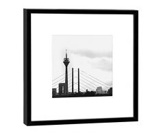 COGNOSCO Fotografie im Holzrahmen: Rheinkniebrücke mit Skyline Fotodruck-Format 27 x 27 cm-Rahmenfarbe schwarz-Hochwertiges Wandbild, Geschenkidee oder Souvenir aus Düsseldorf, Holz, Weiß, Rahmen
