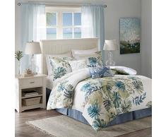Harbor House Lorelai King Size Weiß Grün Blau Tropische Pflanzen Blatt - 6 Stück Bettwäsche Sets - 100% Satin Baumwolle Perkal Schlafzimmer Schmusetuch Multi