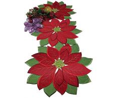 GR-Home Platzdeckchen Weihnachtsstern mit grüner bestickter Blume, für Neujahr oder Weihnachten, 4 Stück 14×36(36×90cm) Poinsettia with Green