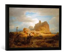 Gerahmtes Bild von Oswald Achenbach Südliche Landschaft mit Don Quixote, Kunstdruck im hochwertigen handgefertigten Bilder-Rahmen, 60x40 cm, Schwarz matt