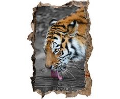Pixxprint 3D_WD_S4842_62x42 prächtiger Tiger trinkt Wasser Wanddurchbruch 3D Wandtattoo, Vinyl, schwarz / weiÃ, 62 x 42 x 0,02 cm