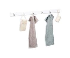 Relaxdays Hakenleiste Bambus, schmal, 6 Metallhaken, dezentes Design, Flurgarderobe, Handtuchhalter, HBT: 6x88x5cm, weiß