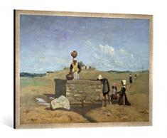 Gerahmtes Bild von Jean-Baptiste Camille Corot Bretonische Frauen am Brunnen, Kunstdruck im hochwertigen handgefertigten Bilder-Rahmen, 100x70 cm, Silber Raya