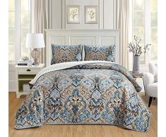Chezmoi Collection Micromink Sherpa Wendebettwäsche, 3-teilig Modern King Blaues Medaillon mit Blumenmuster