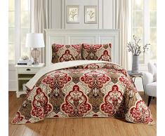 Chezmoi Collection Micromink Sherpa Wendebettwäsche, 3-teilig Modern Queen Medaillon mit rotem Blumenmuster