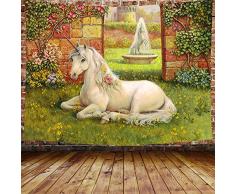 DBLLF DBLS832 Wandteppich mit Einhorn-Motiv, mittelalterlicher Gartenbau, Brunnen, grüner Rasen und Schloss, Wandbehang für Wohnzimmer, Wohnzimmer, Wohnheim, Wohnheim, Dekoration, 203,2 x 152,4 cm