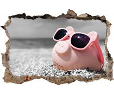 Pixxprint 3D_WD_5038_62x42 Cooles Sparschwein mit Sonnenbrille am Strand Wanddurchbruch 3D Wandtattoo, Vinyl, schwarz / weiß, 62 x 42 x 0,02 cm