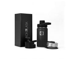 Eisen Flask Ausguss 2 Deckel Sport Wasserflasche Outdoor Camping Wandern, schwarz - Midnight Black, 14 Oz