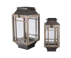 Benjara Laterne aus Holz und Metall, mit Fensterscheibenkorpus, 2 Stück, Braun und Schwarz