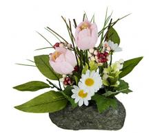 Flair Flower Gesteck Tulpen auf Stein Kunstblumen Künstliche Unechte Gefälschte Deko Pflanzen Blumen mit Blätter Frühjahrsdekoration Osterdeko Tischdeko Frühjahr Ostern Floristik, rosa, 20x20x15 cm