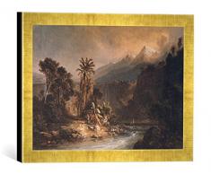 Gerahmtes Bild von Ferdinand Bellermann Landschaft mit der Hochebene von Merida, Kunstdruck im hochwertigen handgefertigten Bilder-Rahmen, 40x30 cm, Gold Raya
