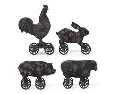 K&K Interiors 14167A Ziehspielzeug Farmtiere, Kunstharz, 4 Verschiedene Designs, Schwarz