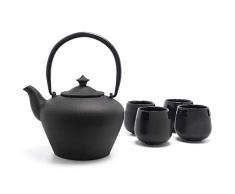 Gusseiserne Teekanne 1.0 Liter & 4 Porzellan Teebecher 5er Set