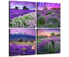 sunfrower art-canvas Print Art Wand Malerei für Home Decor, lila lavendel Gemälde Moderne Giclée-gespannt und gerahmt Artwork 4 Bilder für Wohnzimmer Dekor, Blume Bild Foto Druck auf Leinwand Modern 12x12inchx4 Internal Frame