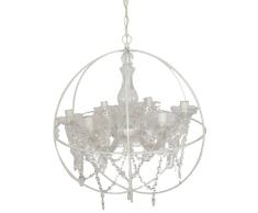 Benzara Round Cage Styled Metal Chandelier with Crystal hangings, White and Clear Kronleuchter, Metall, weiß