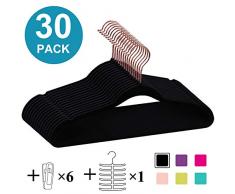VECELO Premium-Kleiderbügel aus Samt, strapazierfähig, 30 Stück, rutschfest, platzsparend, mit 6 Finger-Clips und Krawattenhalter, ideal für Männer und Frauen (schwarz), dunkel