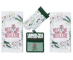Kay Dee Weihnachts-Mixelzweig-Geschirr-Set, 4-teilig, bestehend aus 1 Ofenhandschuh, 1 Topflappen, 1 Topflappen, 2 Küchentücher
