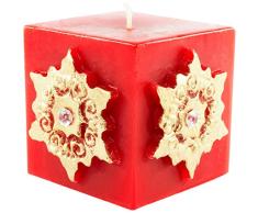 Magic Candle World Candles Rote quadratische Stumpenkerze. Handbemalte Sterne mit Kristallen verziert. Winterkerze, Advent, Adventskranz, Weihnachts Deko.