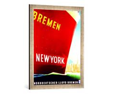 Gerahmtes Bild von German School New York, Poster Advertising The North German Lloyd Line, 1930, Kunstdruck im hochwertigen handgefertigten Bilder-Rahmen, 50x70 cm, Silber Raya