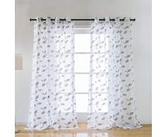Taisier Home Emborided Sheer Gardinen 160 cm lang für Wohnzimmer, Set mit 2 Paneelen, durchscheinender Ösenvorhang, modische Stickerei, Blätter und Blumen-Vorhänge 52×95 A-grau Blätter