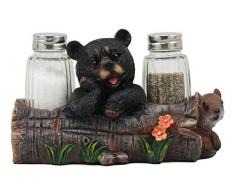 Schwarz, Baby-Bär spielt mit Log, Salz Pfefferstreuer Halter Tisch Tafelaufsatz