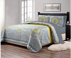Fancy Collection Übergroße Gesteppte Tagesdecke mit Passendem Bettlaken-Set, Gelb/Grün / Weiß 7 Pc King Yellow, Coastal Plain/Gray Green, White