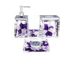 ADUTY 4-teiliges Badezimmerzubehör Komplettset aus Acryl mit Seife/Lotionspender Zahnbürstenhalter Becher und Seifenschale AD006 Purple Flower Set