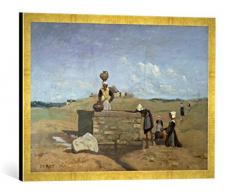Gerahmtes Bild von Jean-Baptiste Camille Corot Bretonische Frauen am Brunnen, Kunstdruck im hochwertigen handgefertigten Bilder-Rahmen, 70x50 cm, Gold Raya
