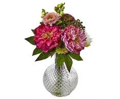 Fast Natural Pfingstrose und Mum in Glas Vase, Gree/Rosa/Weiß