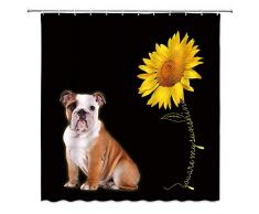 WZFashion Niedliche Bulldogge Duschvorhang mit Sonnenblume, lustige Bulldogge mit Sonnenblume, Hund Liebhaber, Welpe, Kinder, kreatives Tier, rustikaler Stoff, für Kinder, Haustier für Familie, Badezimmer, Vorhang, 177,8 x 177,8 cm, mit Haken