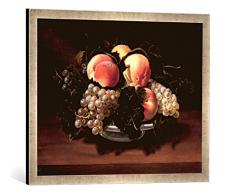 Gerahmtes Bild von Carlo Francesco Nuvolone Stilleben mit Pfirsichen und Trauben in Einer Majolikaschale und Bienen, Kunstdruck im hochwertigen handgefertigten Bilder-Rahmen, 70x50 cm, Silber Raya