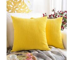 MERNETTE 2 Stück Kordsamt weich dekorative quadratische Überwurf-Kissenbezüge Kissenbezüge Home Decor Dekoration für Sofa Couch Bett Stuhl 45,7 x 45,7 cm 20x20,2 Pieces Striped Lemon Yellow