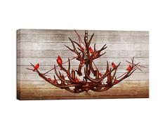 Visual Art Decor Rote Kardinale auf Geweih Kronleuchter Licht Lampe Gemälde Leinwandbild Kunstdrucke Galerie Wrapped Artwork for Modern Home Wohnzimmer Wall Decoration