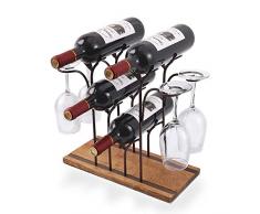 Weinregal mit Tischplatte aus Holz, ideal für Heimdekoration und Küchenregal, Bar, Weinkeller, Schrank, Speisekammer, etc, Holz und Metall (Bronze) 4 Wine Bottles and 4 Wine Glass Bronze