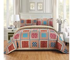 K&M MK Hause über Größe Set Decke Tagesdecke Gesteppt Patchwork Floral Squares Beige Taupe Rot Blau Neu # Bailey Twin/Twin Extra Long Beige