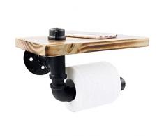 YamaziHD Rustikaler Industrie-Stil Rohrdesign braun Holzmaserung & schwarzes Metall Wandmontage Badezimmer Eisen Regal Toilettenpapierhalter 9.5 L Shelf