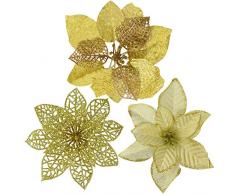 Dreecy 24 Set 3 Stile Künstliche Weihnachtsstern Gold Glitzer Blumen Picks Weihnachtsbaum Ornamente für Gold Weihnachtsbaum Kränze Girlande Urlaub Saisonale Hochzeit Dekoration Geschenk-Box