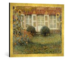 Gerahmtes Bild von Henri Le Sidaner Gartenhaus und Sonnenblumen, Kunstdruck im hochwertigen handgefertigten Bilder-Rahmen, 70x50 cm, Gold Raya