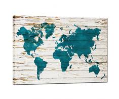 Sechars Weltkarte Art Wand Leinwand Abstact Karte auf Vintage Holz Backgroud Leinwand Prints Modernes Wohnzimmer Blaugrün Wanddekoration gerahmt artowrk fertig Zum Aufhängen, 24 x 36