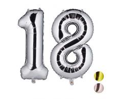Relaxdays Folienballon Zahl 18, Party Deko für 18. Geburtstag, XXL Riesenluftballon für Luft & Helium, 85-100cm, Silber